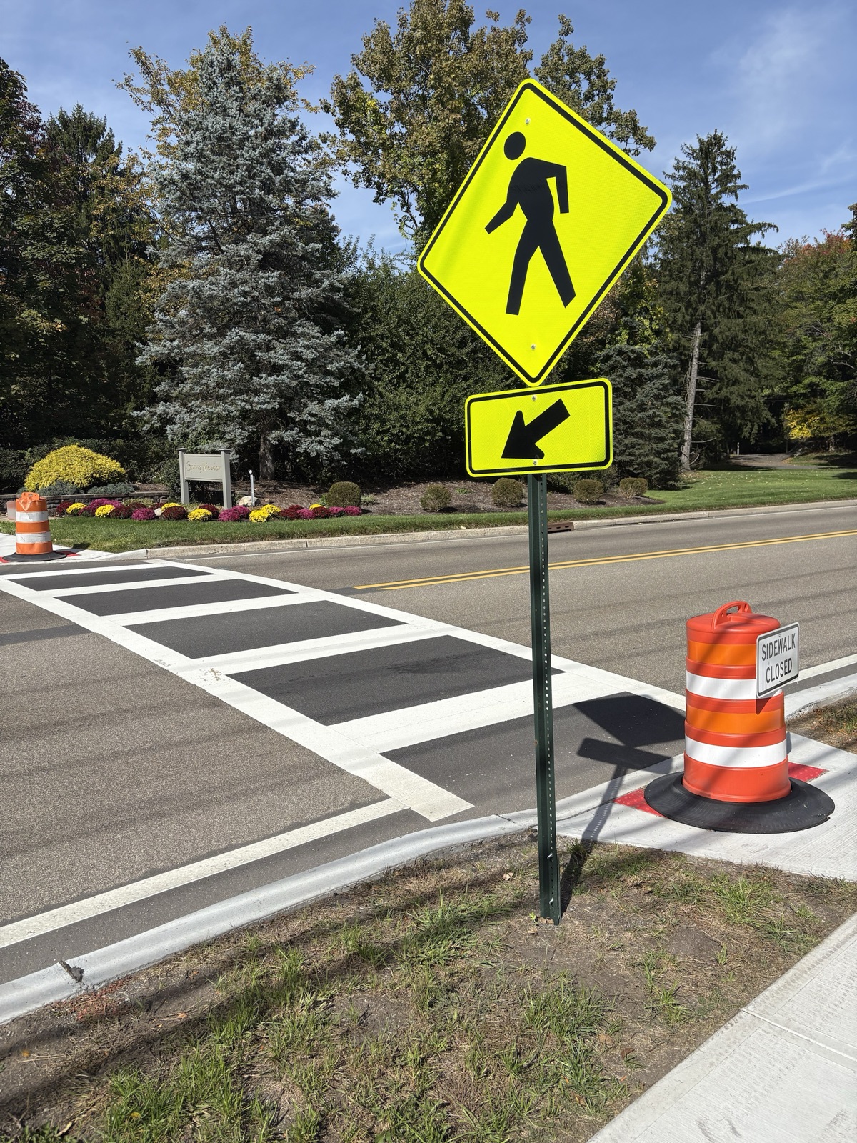 A pedestrian crossing sign with a downward arrow stands beside a barrel marked "Sidewalk Closed" at the Spring Meadow end of the crosswalk; the Spring Meadow entrance sign is across the road.