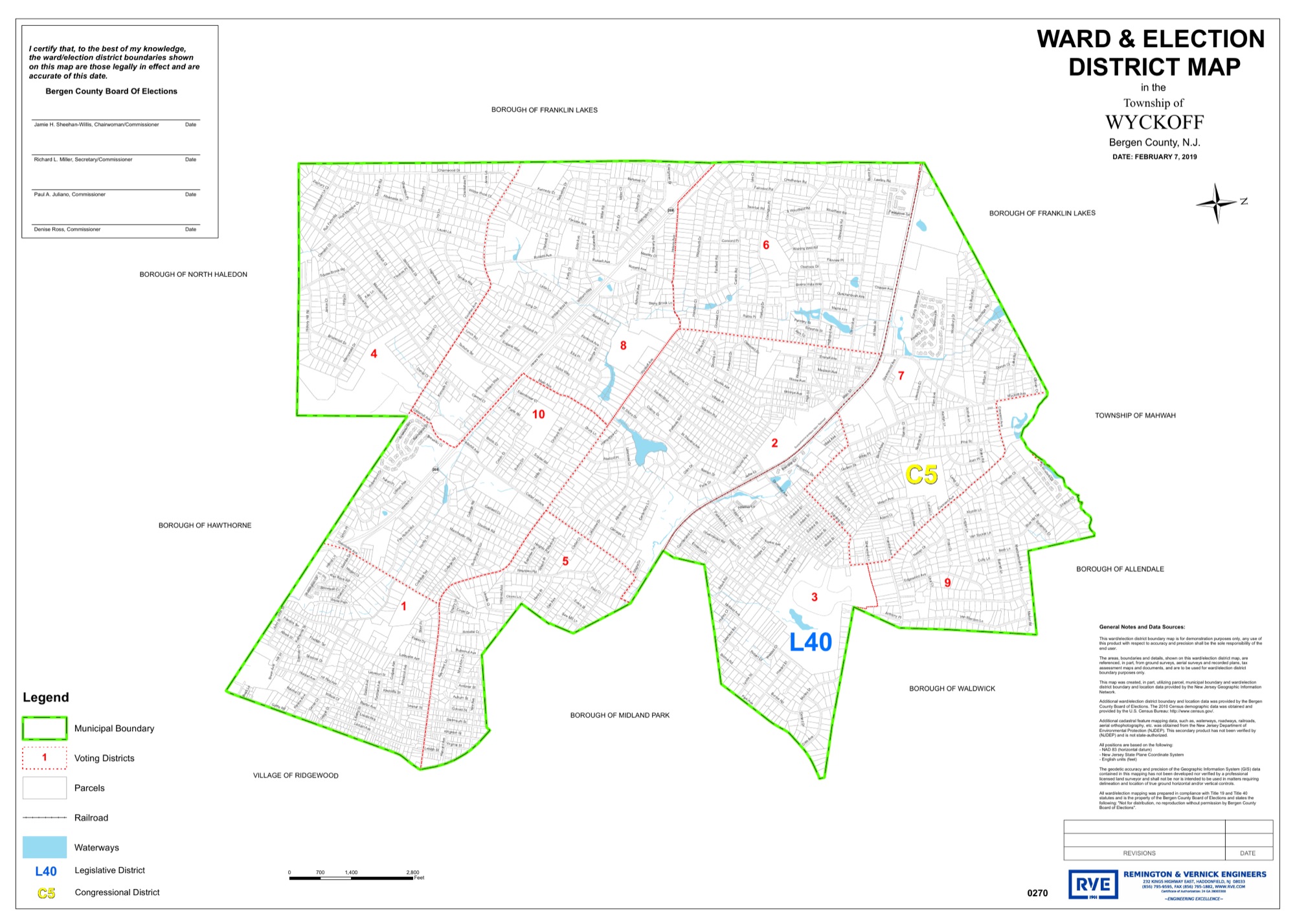 Bergen County Board of Elections map of Wyckoff&rsquo;s 10 election districts, dated Feb. 7, 2019
